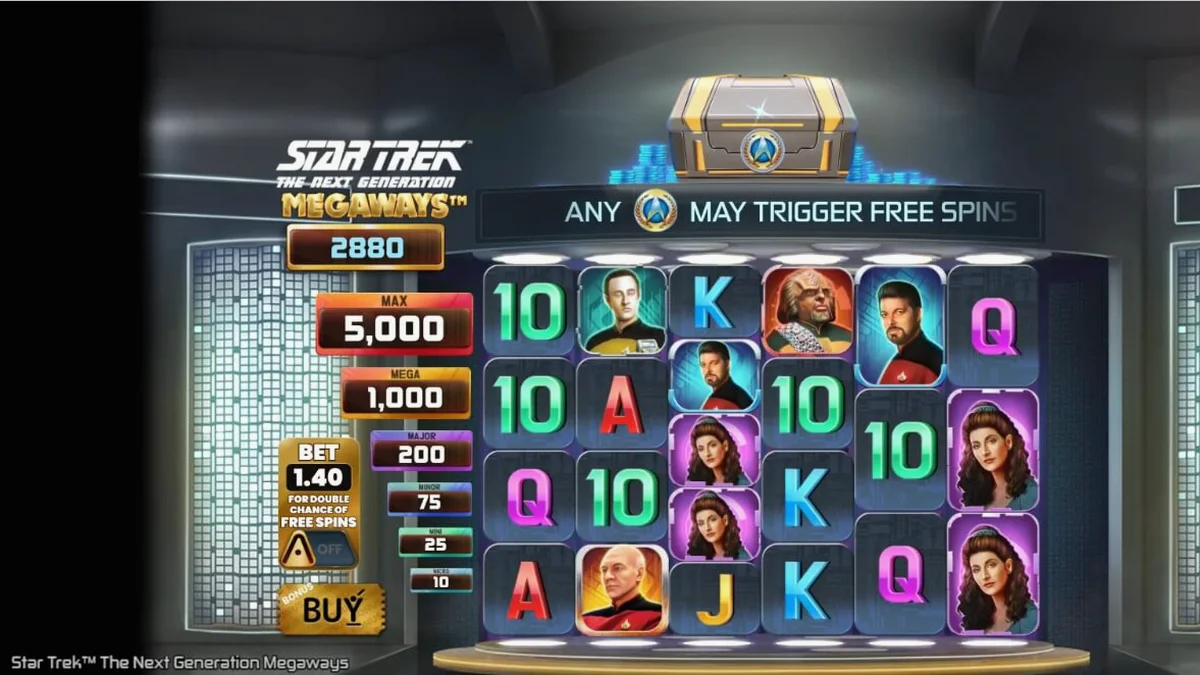 Interface do jogo Star Trek: The Next Generation Megaways com elementos da Enterprise