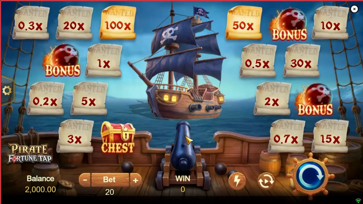 Interface de jogo do Pirate Fortune Tap mostrando o canhão e alvos piratas